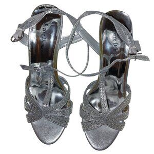 Pierre Dumas Rhinestone Open-toed Heels Silver Size 8M New